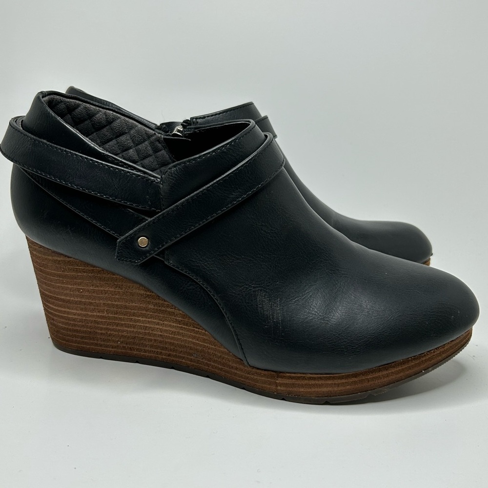 Dr. Scholls Faux Black Leather Almond Toe Wedge Bootie Heel Size 9.5